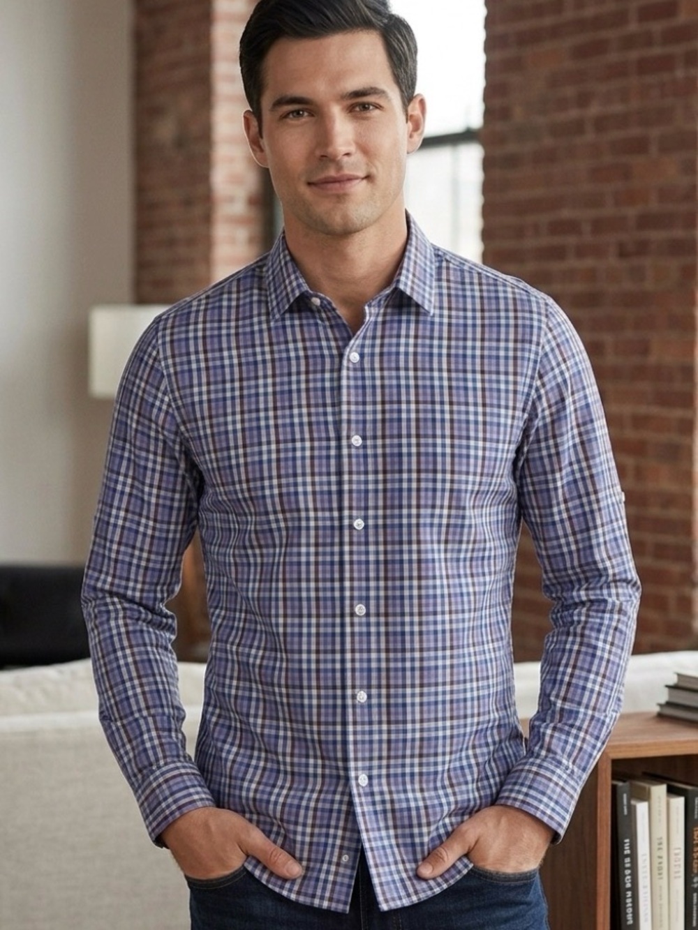 Michael Kors Blue and Purple Plaid Button-Down Shirt